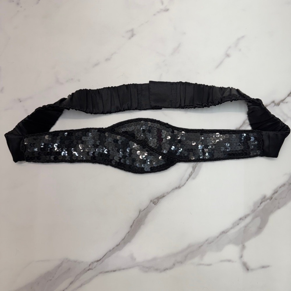 VTG 80s Black Sequin Beaded Elastic Waist Stretch Belt Women M Dressy Formal‎